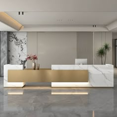 an office lobby with marble walls and flooring, white furniture and plants in vases