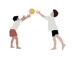 two people are playing with a ball on a white background, one is reaching for it