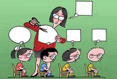 a woman standing in front of a group of children with speech bubbles above her head