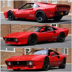 the red sports car is parked in front of a brick building