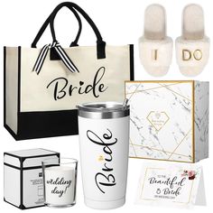 the bride gift set includes a tote bag, slippers, and personalized gifts