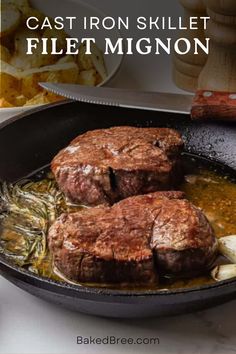 cast iron skillet filled with steaks and onions