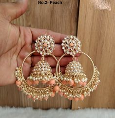 *Light Weighted Gold earrings tikka set. *Earrings length: 4 inches  (with drops)  *Width : 2.4 inches Pink Round Danglers For Wedding, Traditional Orange Earrings For Party, Coral Wedding Earrings, Pink Chandbalis With Latkans, Gold Indian Earrings, Indian Jewelry Gold, Set Earrings, Indian Earrings, Gold Jewelry Indian