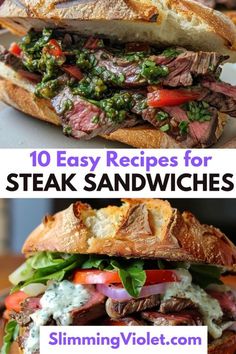 steak sandwich with lettuce, tomatoes and other meats on it in the middle