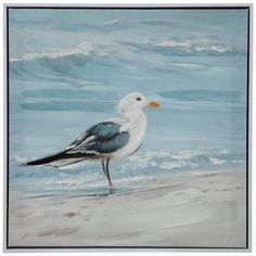 a painting of a seagull standing on the beach