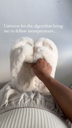 a person is holding a stuffed animal up to their face with the caption, universe let the alotum bring me to follow morpreneurs