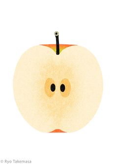 an apple with two eyes on it's side and one in the middle, is shown