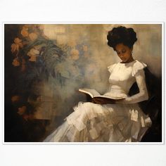 a painting of a woman in white dress sitting down reading a book with flowers behind her