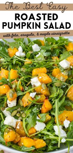 A white bowl of roasted pumpkin salad with pink and gold fork and spoon to serve. Warm Fall Salad, Pumpkin And Feta Salad, Roasted Pumpkin Salad, Pumpkin Feta, Pumpkin Seed Salad, Roast Pumpkin Salad, Vegetarian Roast, Salad Mixes, Apple Cider Vinaigrette