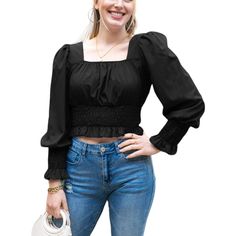 Elevate your bohemian-inspired wardrobe with the Anna-Kaci Women's Square Neck Gathered Smocked Long Sleeve Bishop Blouse. Made of 100% polyester, this blouse offers a lightweight and flowy feel, perfect for any occasion. Featuring shirred sleeves and a smocked waist for a ruffle effect, this blouse exudes bohemian charm and adds a touch of whimsy to your ensemble. Versatile for various occasions, whether you're attending Renaissance festivals, evening events, cocktail parties, weddings, or simp Womens Henley, Women Chiffon Blouse, Dickies Women, Crop Top Sweatshirt, Cocktail Parties, Women Tunic Tops, Tank Top Camisole, Peasant Tops, Womens Tunics