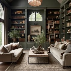 a living room filled with furniture and bookshelves next to a window covered in windows