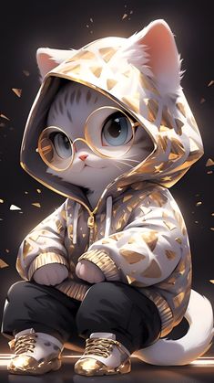 a cat wearing glasses and a hoodie sitting on the ground with gold confetti around it