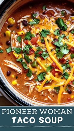 a close up of a bowl of taco soup with the title text above it