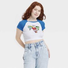 Women’s Powerpuff Girls Baby Tee Crop Top T-Shirt New Y2k Style Playful Short Sleeve Tops For Streetwear, Y2k Style Blue Cotton Top, Blue Cotton Y2k Style Tops, 90s Style Blue Tops For Spring, Y2k Short Sleeve Blue Top, Blue Y2k Crop Top For Streetwear, Y2k Blue Short Sleeve Top, Blue Y2k Short Sleeve Top, Blue Y2k Style Short Sleeve Top