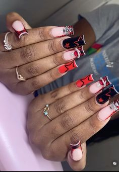 Simple Birthday Nails Square, Spider Man Nails With Initial, Red Nails With Black Initial, Red And White And Black Nails, Back To School Nails Long, Birthday Nails Red And Black, Red And Black Sweet 16 Nails, Spiderman Nail Designs, Red Acrylic Nails Square