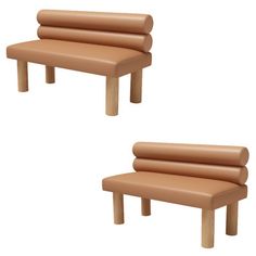 two pieces of furniture made out of wood and leather, each with one bench on the other side