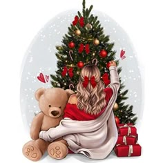 a woman sitting in front of a christmas tree holding a teddy bear