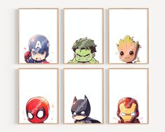 four different avengers and spiderman prints on white paper, each with their own character