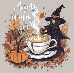 a cup of coffee with a witch sitting on top of it next to some leaves