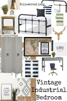 a collage of various items including a bed, desk, and chair with the words vintage industrial bedroom on it