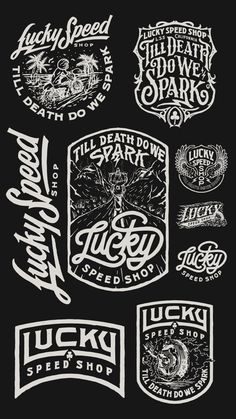 various stickers and decals on a black background, including the logo for lucky's speed shop