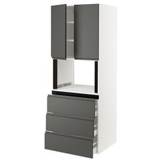 a white and grey cabinet with drawers