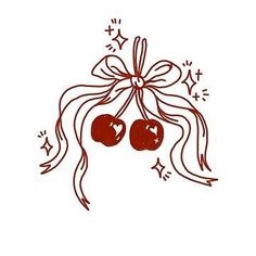 two cherries tied with a bow on top of each other and stars around them