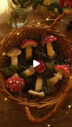 a basket filled with mushrooms sitting on top of a table