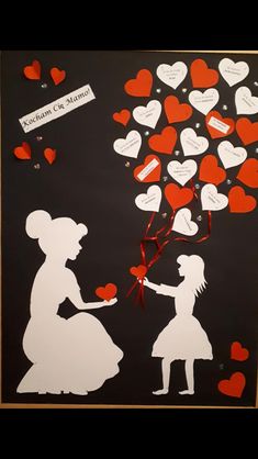 the silhouettes of two people are holding hearts in front of a black background with red and white paper cutouts