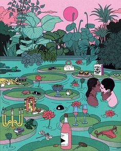 a couple kissing in the middle of a pond surrounded by plants and flowers, with pink sky