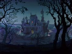 the castle is lit up at night in this animated scene from disney's sleeping beauty