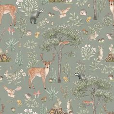 an animal themed wallpaper with deer, birds and other animals in the forest on a green background