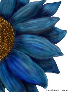 a painting of a blue sunflower with yellow stamen on it's center