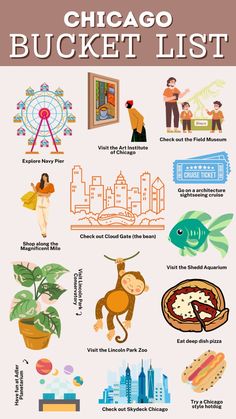 the chicago bucket list is shown in this graphic style, with images of people and animals