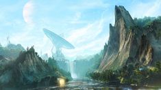 an artist's rendering of a sci - fi landscape with mountains, trees and a waterfall