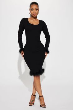 Available In Black. Ballet Neck Mini Dress Long Sleeve Feather Cuff And Hem Detail Ribbed Stretch Dress Length= 37" Body: 68% Rayon 32% Polyester Imported | Kiss The Sky Ballet Neck Midi Dress in Black size Medium by Fashion Nova Feather Cuff, Kiss The Sky, Sweater Midi Dress, Sweater Dress Midi, Stretch Dress, Long Sleeve Midi Dress, Black Midi Dress, Black Outfit, All About Fashion