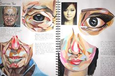 an open book with pictures of people's eyes and faces on it, all in different shapes and sizes