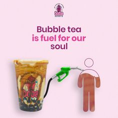 an advertisement for bubble tea is shown with the image of a man holding a cup