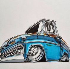 a drawing of an old blue truck with chrome rims on it's hood