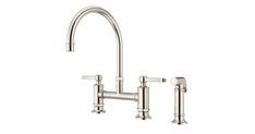 a kitchen faucet with two handles and nozzles on the side, in stainless