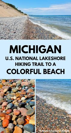 michigan's national lakeshore hiking trail to waterfalls and beach is featured in this postcard