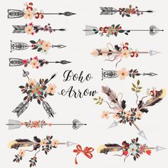 the boho arrow clipart set includes arrows, flowers and feathers with ribbons on them