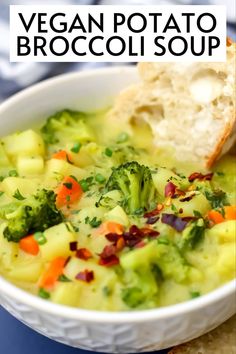 a bowl of broccoli soup with bread on the side and text overlay that reads vegan potato broccoli soup