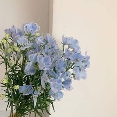 a vase with blue flowers in it sitting on a table