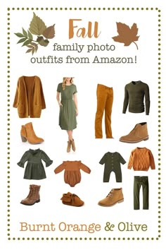 an advertisement for the fall family photo outfits from amazon, featuring orange and olive clothing