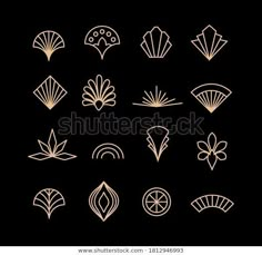 a set of nine hand drawn art deco design elements in gold color on a black background