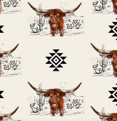 a cow with long horns is standing in front of cactuses and southwestern style wallpaper