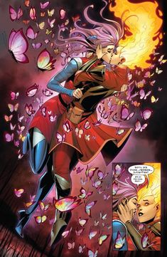 a comic book page with an image of a woman and man in the air, surrounded by butterflies