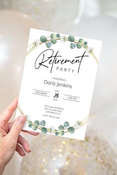 a person holding up a card that says retirement party