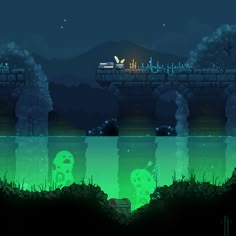 an image of a video game scene at night with the moon in the sky above